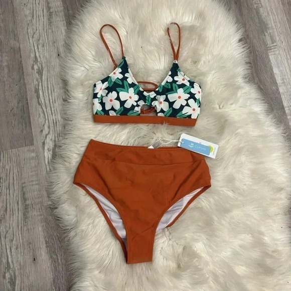 Cupshe Other - NWT cupshe orange teal green floral high waist bikini sz small